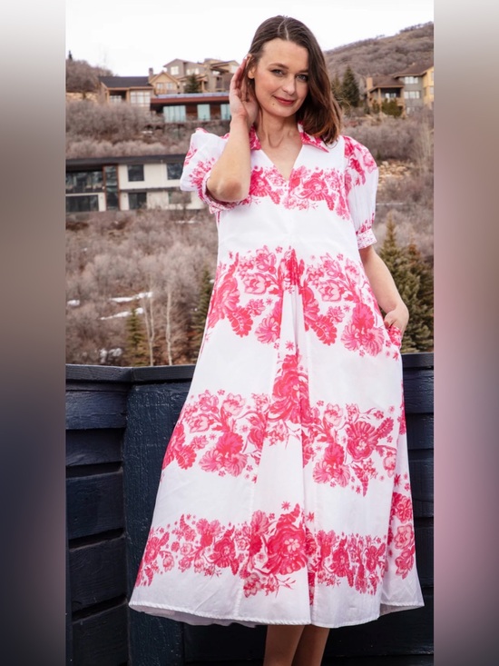 Dizzy Lizzy Dresses & Skirts - Dizzy Lizzy Montauk Dress White Pink Floral Cotton Puff Sleeve Midi Size S